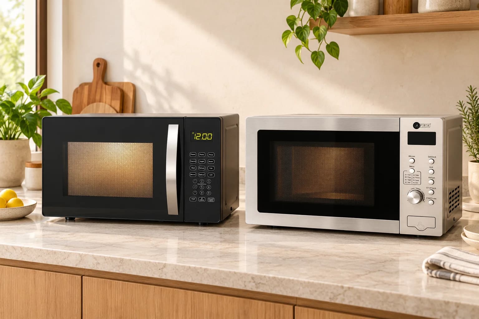 AFRA black 25L and silver 30L microwave ovens on a bright kitchen countertop